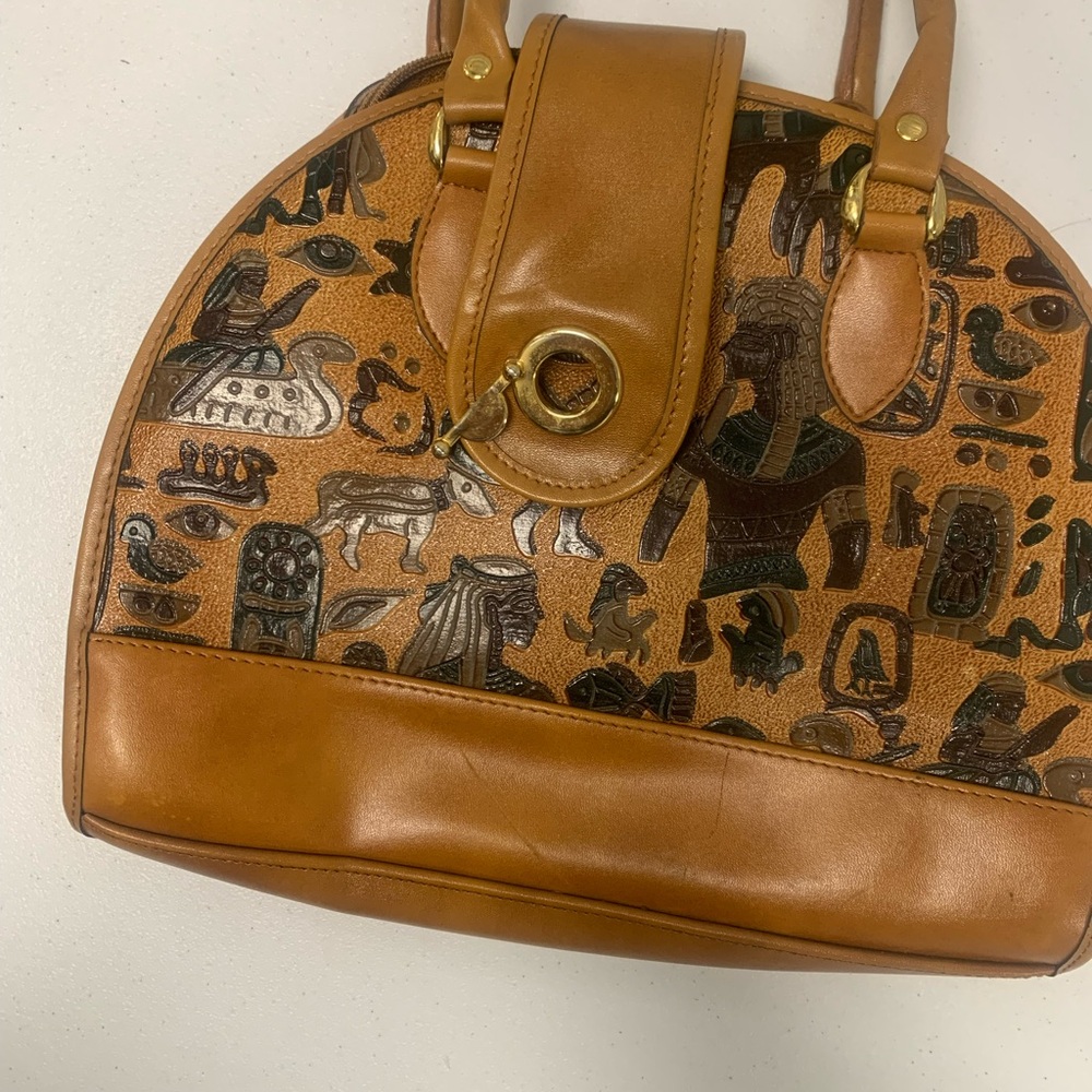 Brown Leather Women Bag with Egyptian Motif